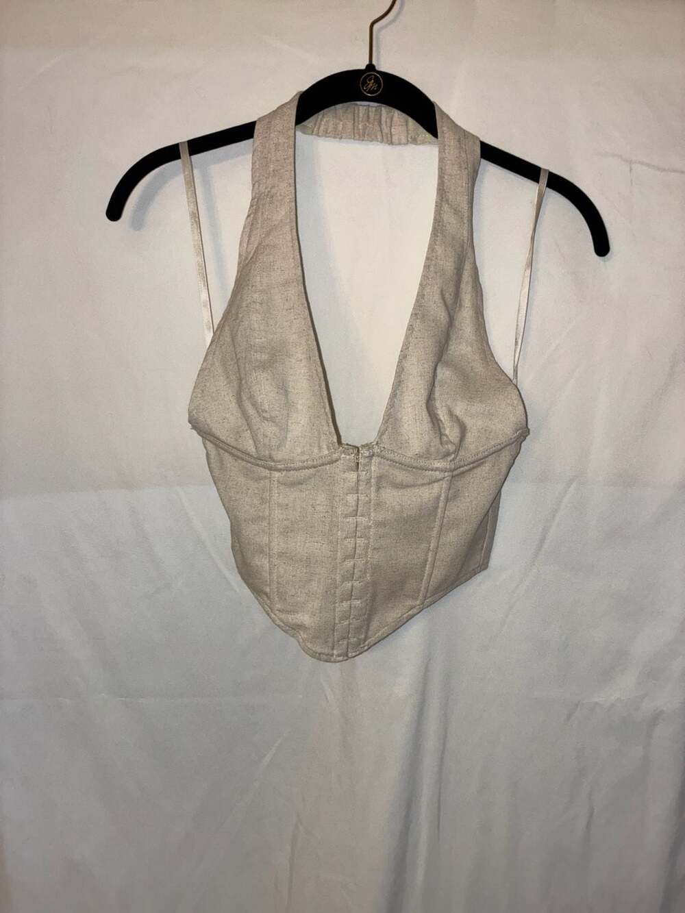 White Fox Boutique Bless Your Heart Halter Neck Corset Top in Nude/Champagne